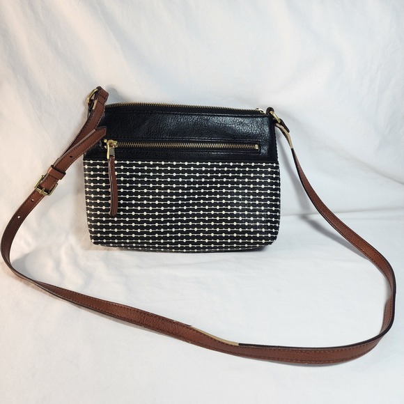 Fossil Handbags - Fossil Fiona Leather Canvas Crossbody Bag Black Brown Zip Top Adjustable Strap